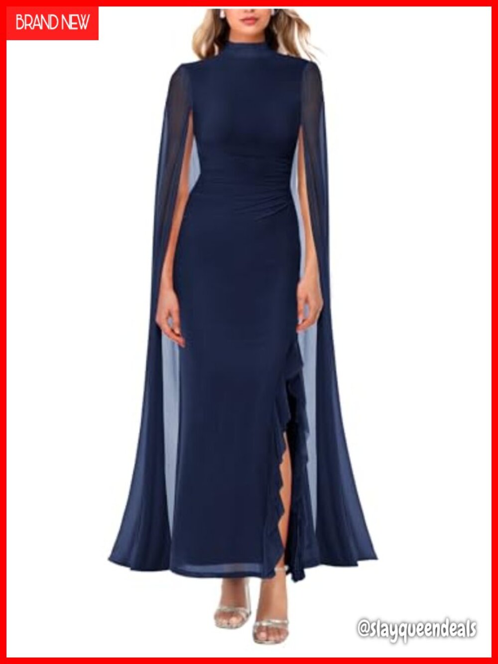 Mock Neck Ruffle Slit Bodycon Maxi Dress Cape Sleeve Formal Evening Gown